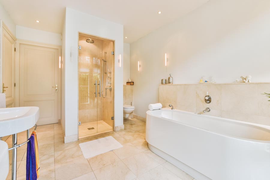 Luxury bathroom with walk-in steam shower, remodeled by CactusNectar LLC in Phoenix