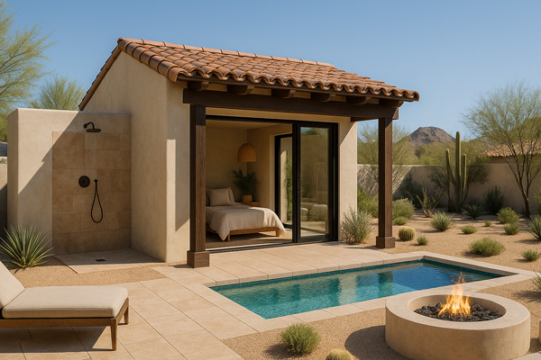 Render of a Casita project by CactusNectar LLC, with outdoor shower and pool in Southern Arizona